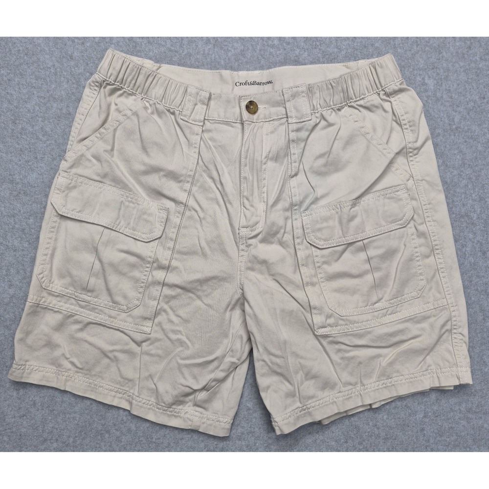 Croft Barrow Cargo Shorts Mens Size 36 Beige Elastic Waist Casual Utility Cotton